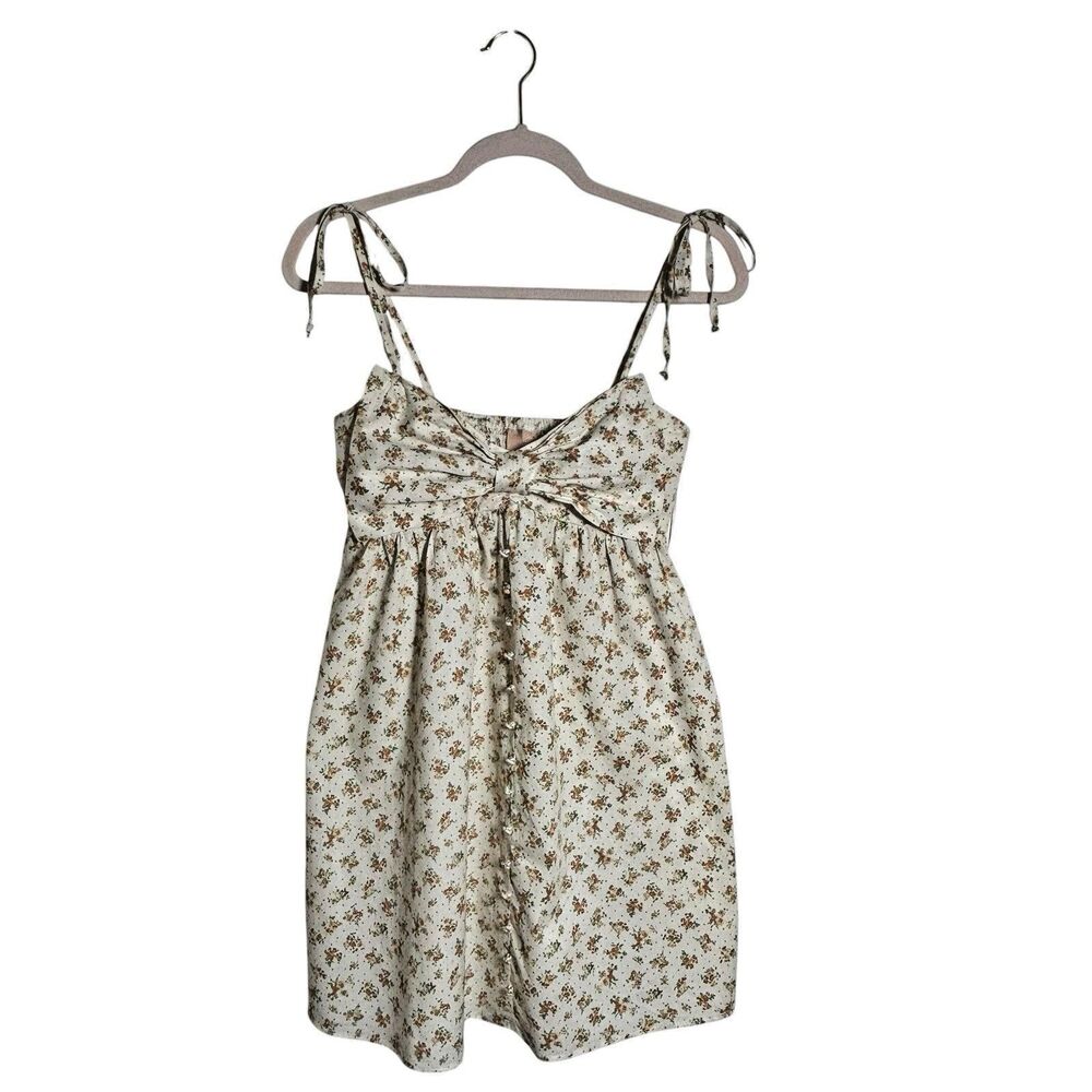 Cream Ditsy Floral Bow Front Mini Babydoll Dress S Cottage Coquette Romantic